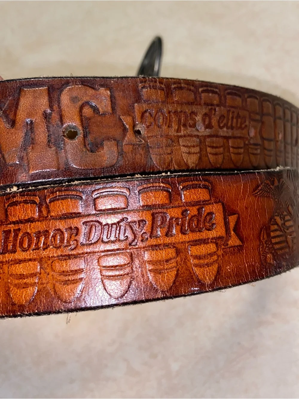 USMC Embossed Brown Leather Belt with Metal Buckle
